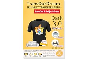 TransOurDream Iron on Heat Transfer Paper for Dark T Shirts (30 Sheets 8.5x11", Dark 3.0) Printable HTV Heat Transfer Vinyl f