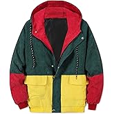 Betusline Men's Retro Long Sleeve Color Block Corduroy Jacket with Hood, XS-3XL