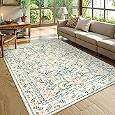 Morebes Floral Machine Washable Area Rugs 5x7, Vintage Boho Nursery Rug Girl Non-Slip, Flower Indoor Floor Throw Carpet for Living Room Bedroom Kitchen Playroom Home, White/Multi