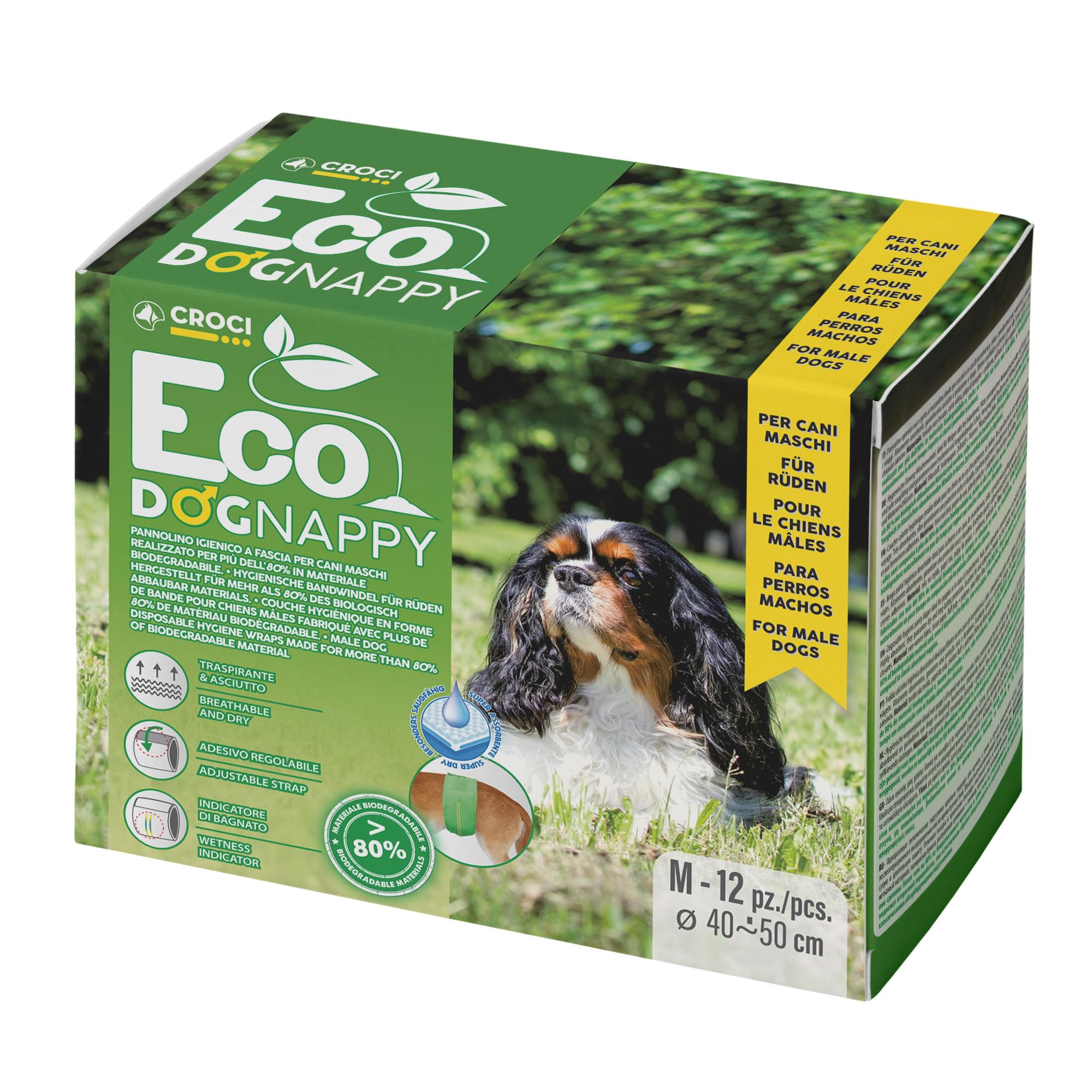 Croci Eco Dog Nappy - Biodegradable Male Dog Diapers - Dog Underpants for Pee - Hygiene Band Diapers for Male Dogs, Anti-odour, Disposable, 12 Pieces, Size M, 40-50 CM