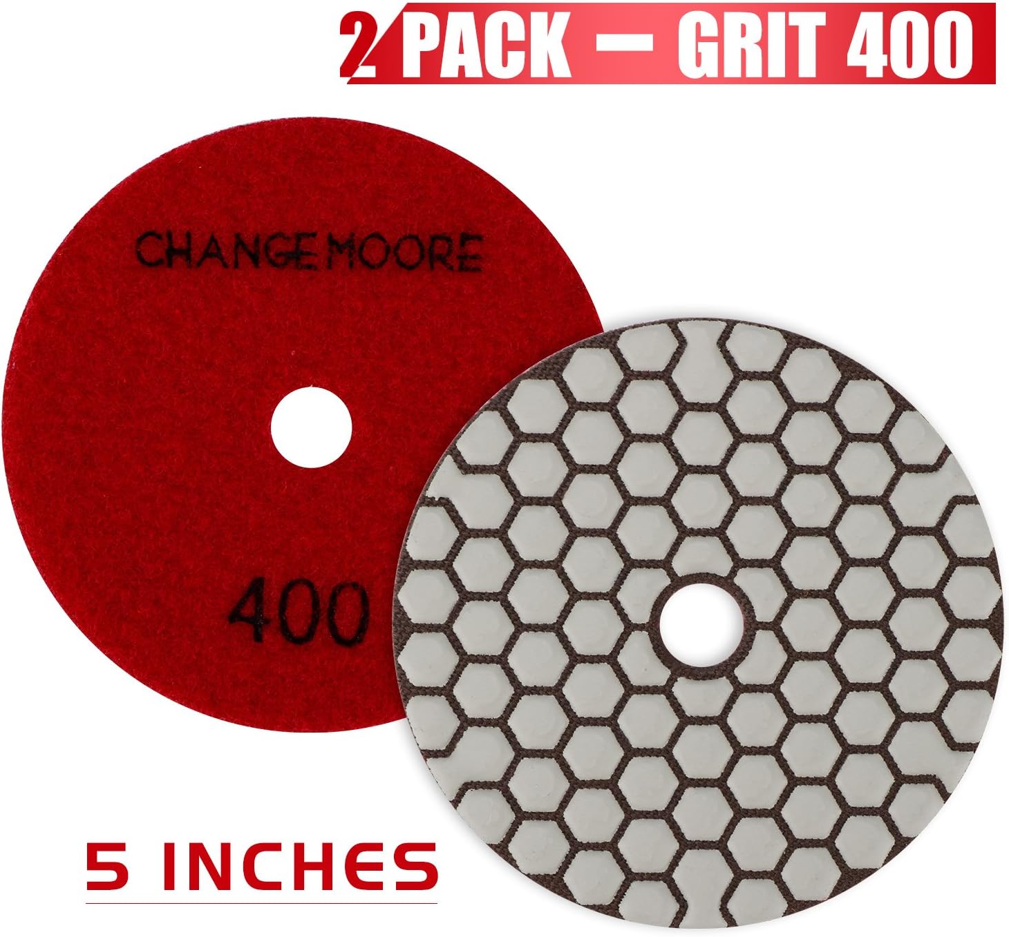 CHANGE MOORE Dry Diamond Polishing Pads 5" for Marble Granite Travertine Terrazzo Concrete Stones, 2 pack-Grit 400