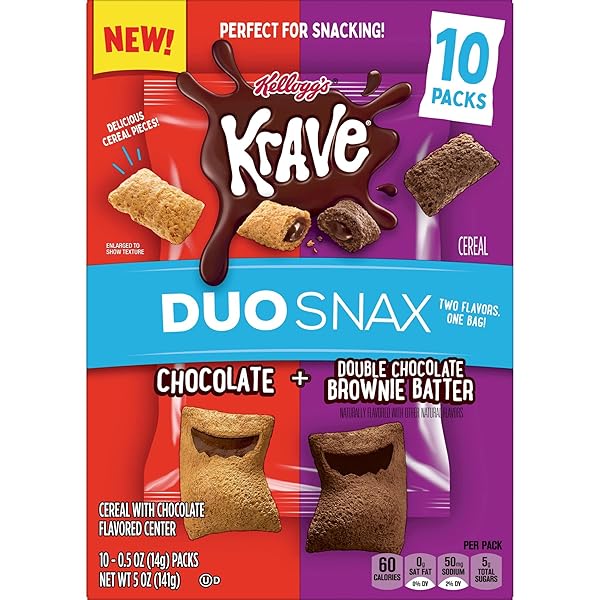 KRAVE DUO SNAX CEREAL SNACKS, KIDS SNACKS, LUNCH SNACKS, CHOCOLATE AND DOUBLE CHOCOLATE BROWNIE BATTER, 5OZ BOX (10 POUCHES)
