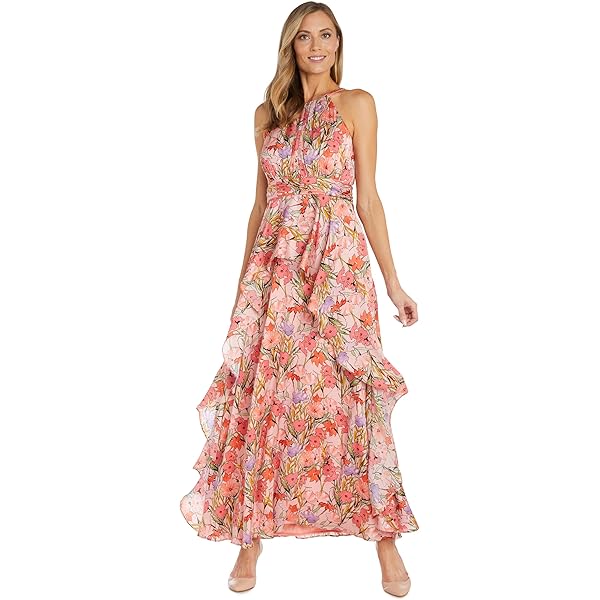 Amazon.com: R&M Richards Women's Romantic Floral Keyhole Halter Metallic  Chiffon Maxi Dress W/Hanky Hem Skirt - Spring & Summer Style : Clothing,  Shoes & Jewelry