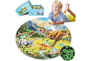 DIGOBAY Glow-in-The-Dark Dinosaur Floor Puzzles for Kids Ages 4-6, Kids Jigsaw Puzzles Ages 6-8, 70PCS Large Round Dino Educational Puzzle Toys Gifts for 3 4 5 6 7 8 Years Old Boys Girls Children