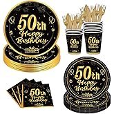 Poqirzan 144PCS 50th Birthday Plates and Napkins Birthday Party Supplies 50th Birthday Party Decorations for Men Women Disposable Party Tableware Including Paper Plates Napkins Cups Forks Serve 24