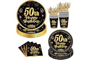 Poqirzan 144PCS 50th Birthday Party Supplies Black and Gold 50 Years Birthday Plates and Napkins Tableware Set 50th Party Dec