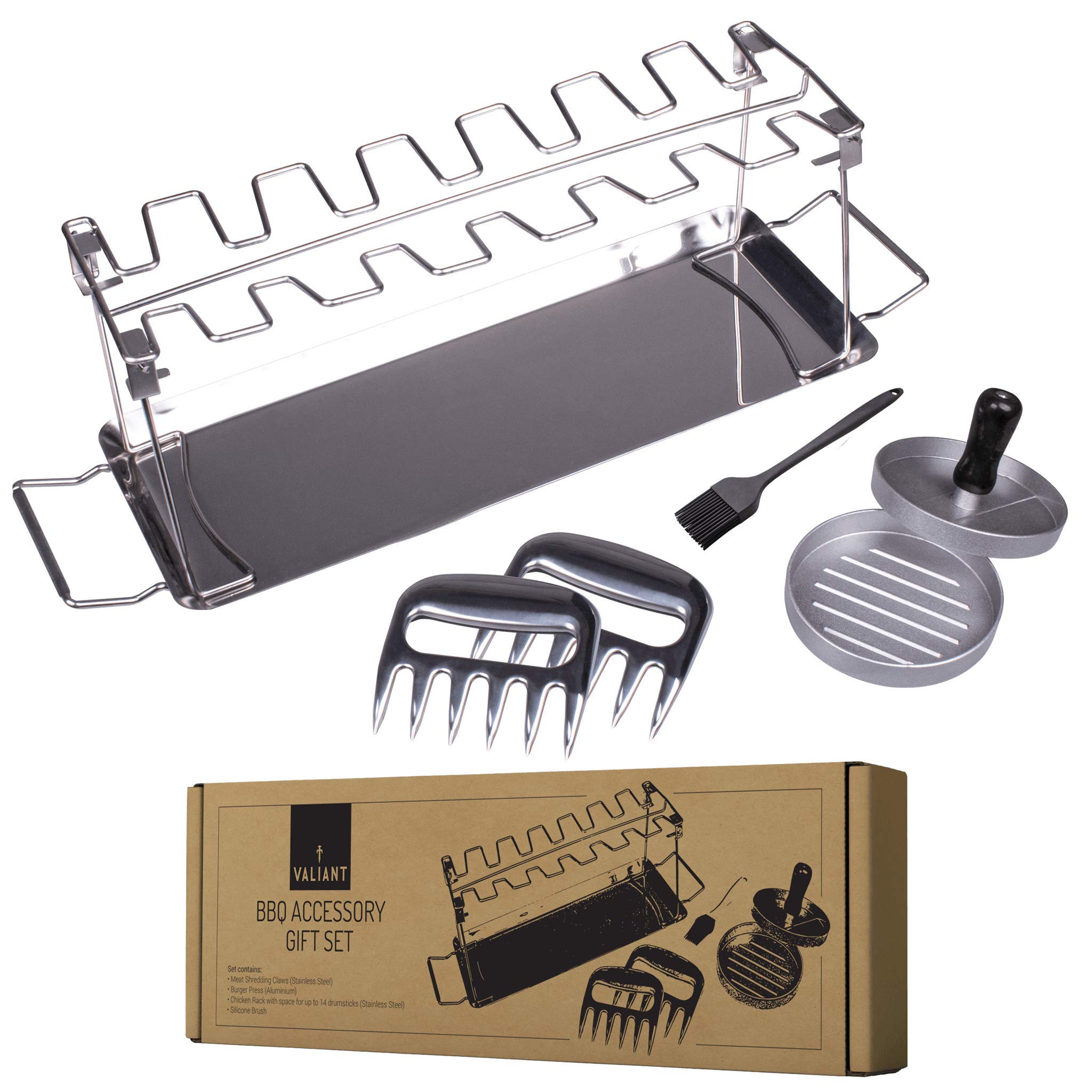 Valiant BBQ Accessory Set - Includes Burger Press, Chicken Rack, Shredding Claws and Basting Brush