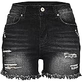 Aodrusa Jean Shorts Womens High Waisted Stretchy Mom Two Buttons Frayed Raw Hem Ripped Denim Shorts Distressed