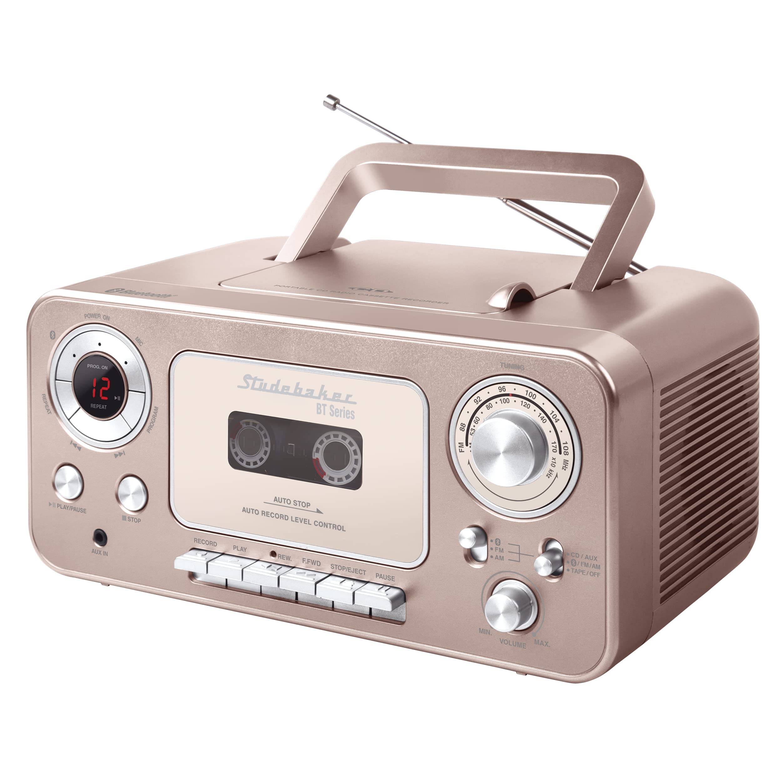 Portable Stereo CD Player with Bluetooth, AM/FM Stereo Radio and Cassette Player/Recorder (Rose & Gold)