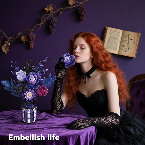 ZONECYTD FLOWERS BOUQUET BUILDING SET ROSES PURPLE BOTANICAL COLLECTION GOTHIC GIFTS FOR MOTHERS DAY FOR WOMEN ADULTS GIRLS 14+ HOME OFFICE DECOR