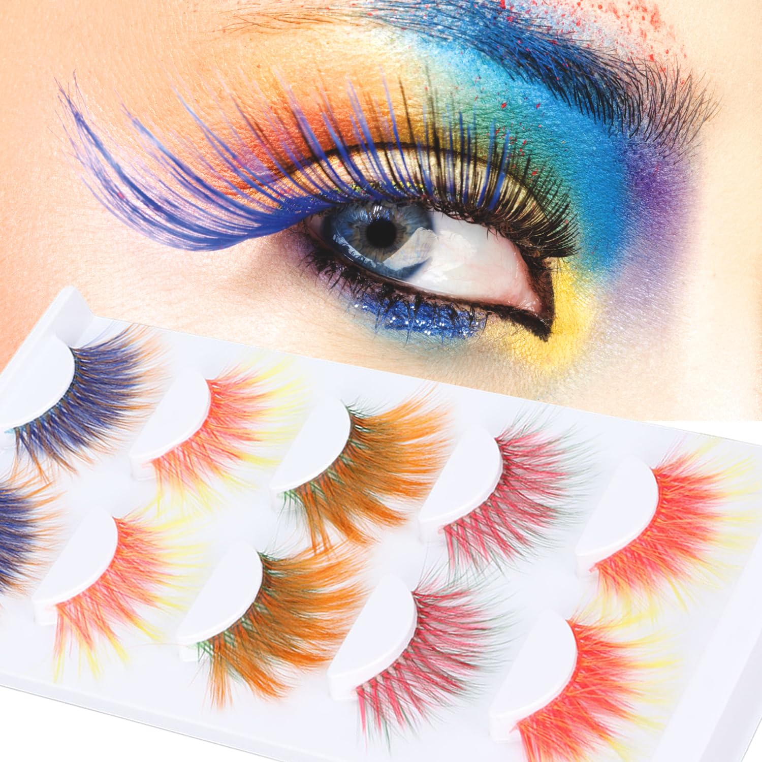 Fake Eyelashes, 5 Pairs Colorful Eyelashes - 6D Gradient Long Curled Soft Colored False Eye Lashes - Red, Blue, Purple, Brown Lashes - Cosplay for Halloween