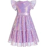 OBEEII Girls Sequin Dress Ruffle Sleeve Sparkly A-line Party Dress with Belt Princess Pageant Prom Birthday Formal Dress