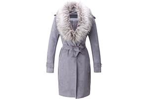 Bellivera Women Faux Leather Trench Coat Fleece-Lined Mid-length Jacket with Detachable Fur Collar