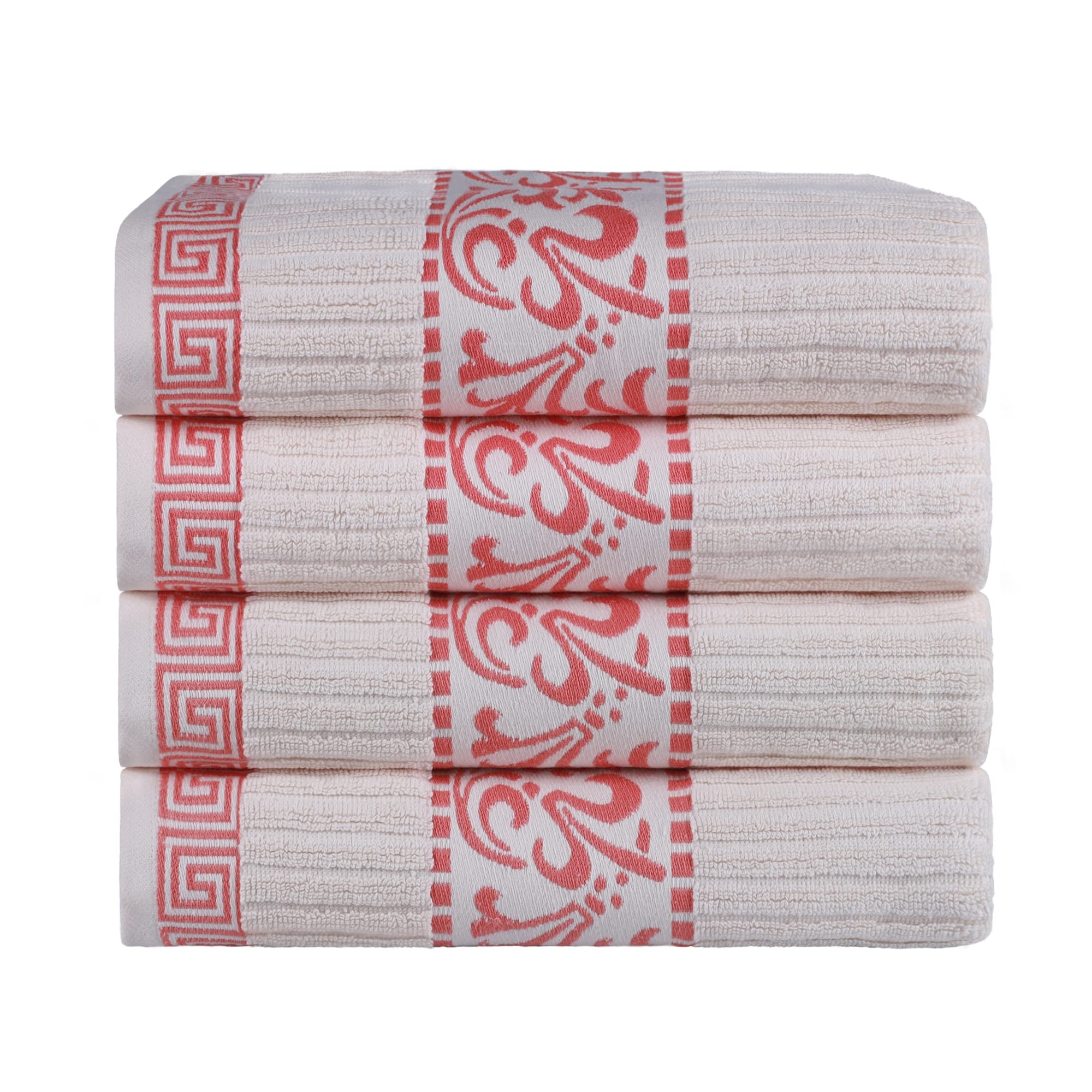 Superior 4-Piece Bath Towel Set, Greek/Floral Decor for Bathroom, Guest Bath, Spa, Resort, Home Essentials, Absorbent Cotton, Adults and Kids, Fast Drying Towels, Athens Collection, Ivory-Coral