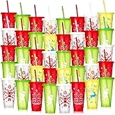 Sliner 40 Pieces Christmas Reusable Cups with Lids and Straws 24 oz Plastic Tumblers with Lids and Straw Water Bottles Bulk for Coffee Adults Kids Christmas Party supply