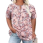 LOMON Womens Plus Size Tops Short Sleeve Shirts V Neck Pleated Keyhole Blouse Summer Casual Loose Tunic Tee 1X-5X