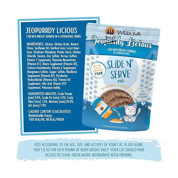 WERUVA SLIDE N’ SERVE PATÉ WET CAT FOOD, JEOPURRDY LICIOUS CHICKEN DINNER, 2.8OZ POUCH (PACK OF 12)