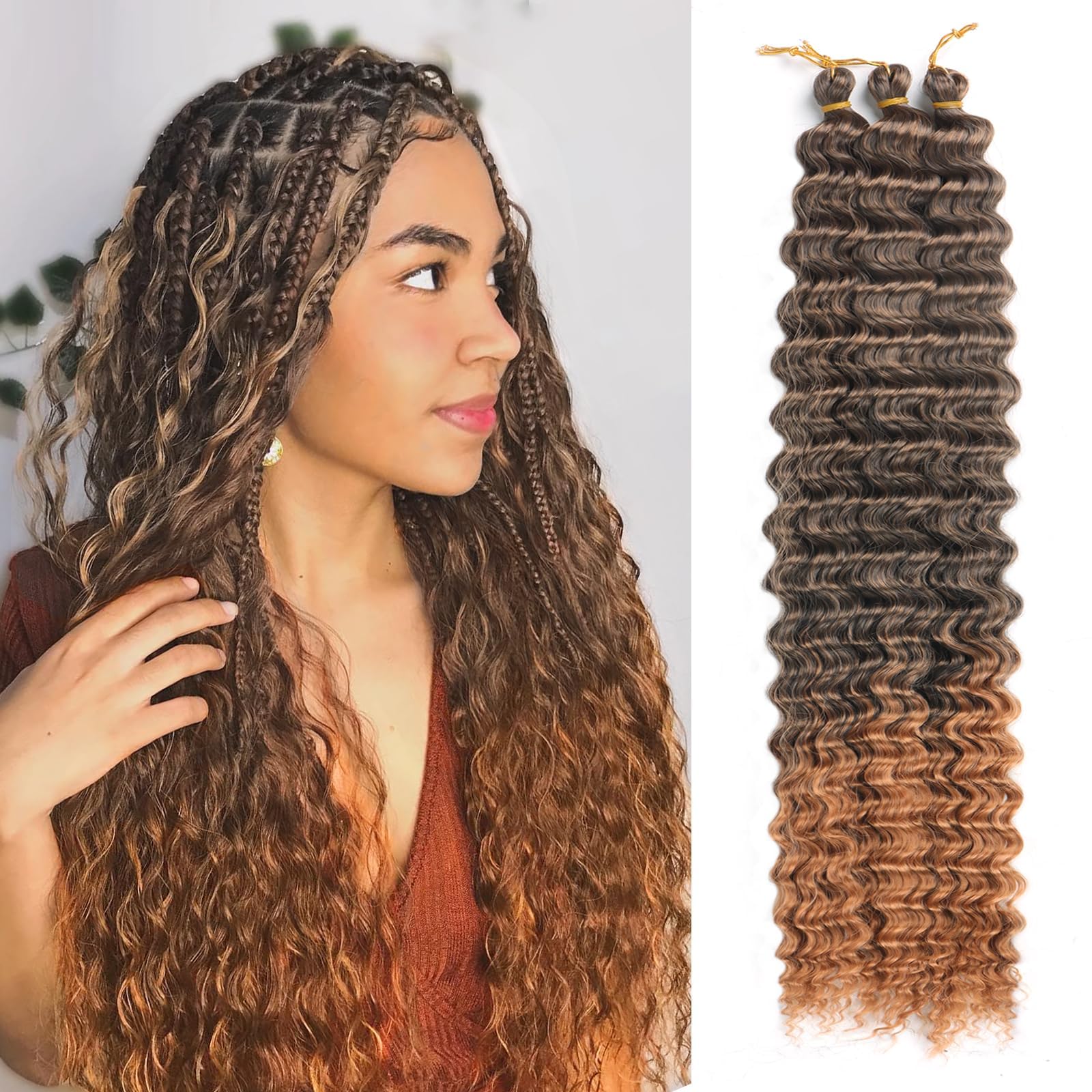 Alaleibaby Ocean Wave Crochet Hair 22 inch Deep Wave Crochet Hair 3 Packs boho hair for braiding Hair Extensions curly Braiding Hair for Black Women water wave crochet hair (T30#, 22 Inch(Pack of 3)) — image 1