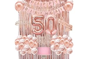 POPULARLDO 50th Birthday Decorations Women, Happy 50th Birthday Banner, Crown, Sash, Cake Topper and Number Balloon, Rose Gold 50 Birthday Party Decorations for Women