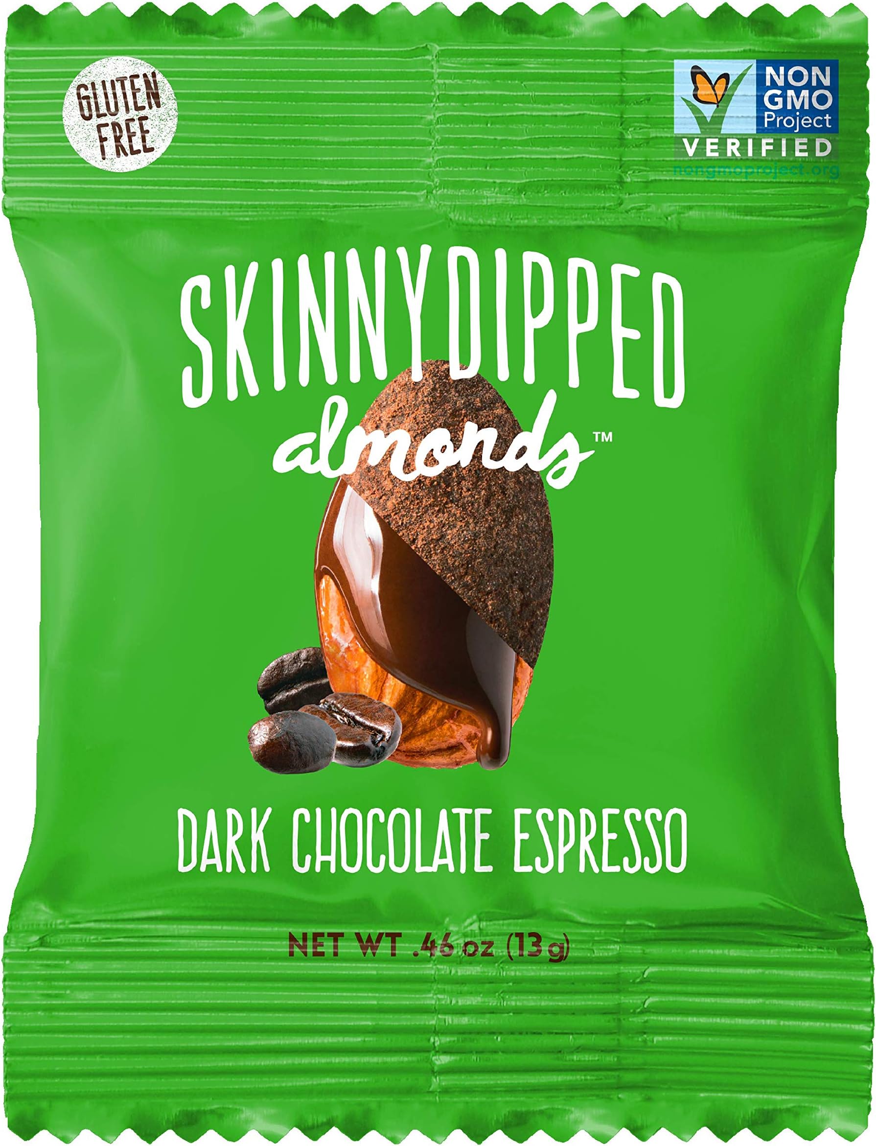 SKINNYDIPPED Dark Chocolate Espresso Covered Almonds, 0.46 oz bag, Pack of 24