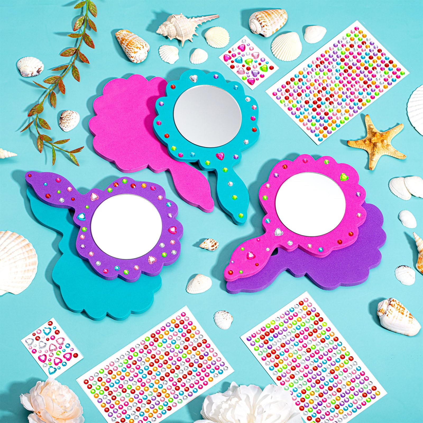 Geetery 20 Pcs Unbreakable Kids Mirror DIY Decorate Your Own Princess Mirror Mermaid Foam Small Crafts Princess Party Decorations(Pink, Purple, Turquoise)
