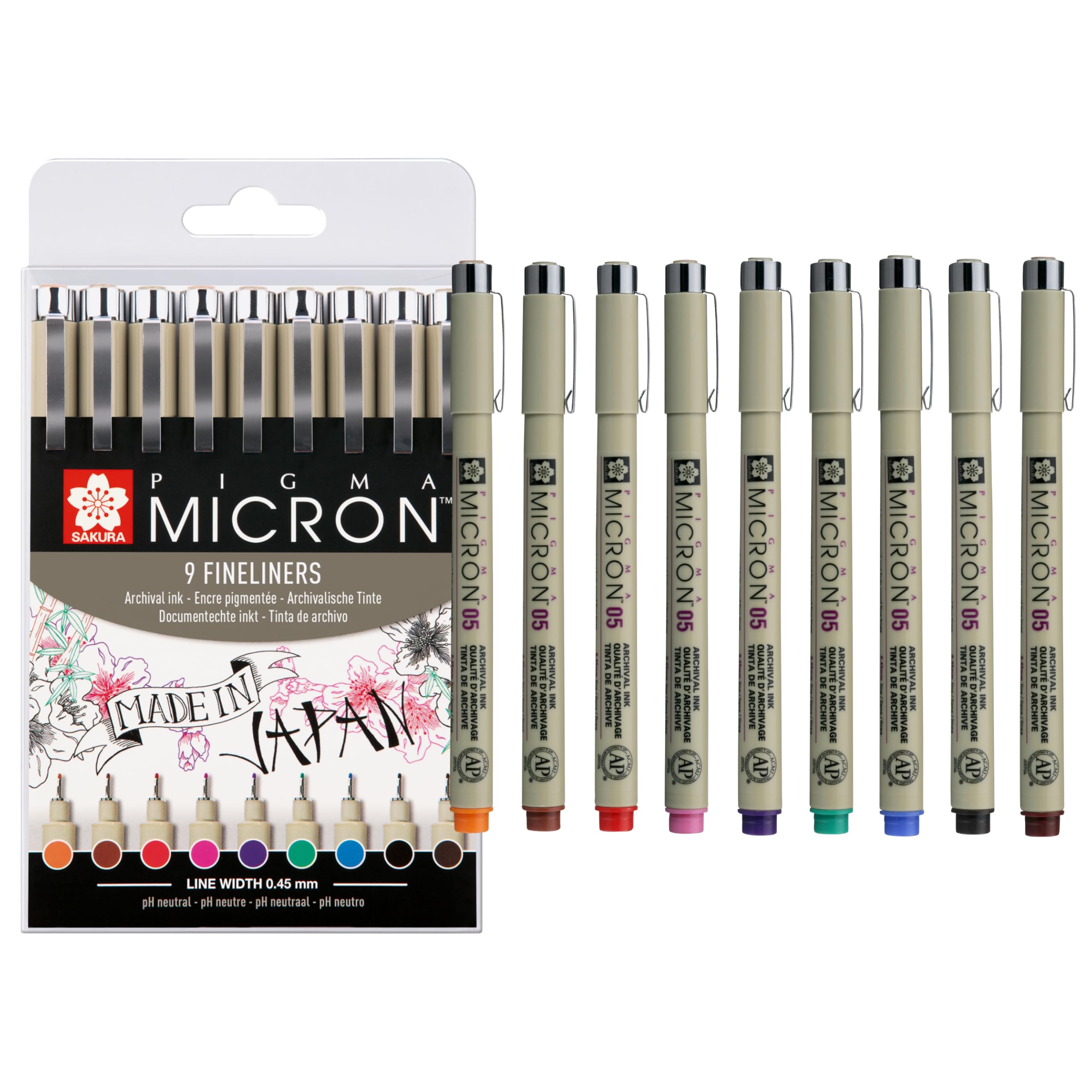 SAKURA Pigma Micron 05 Fineliner Set of 9 Colors | Waterproof Ink, Size 05 (0.45 mm) | Pens for Writing, Drawing & Journaling