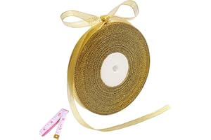 DAYEDZ 50 Yards Gold Glitter Ribbon 3/8 Inch, Sparkly Thin Solid Fabric Ribbon for Gift Wrapping, Crafts, Holiday Wedding Birthday Party Decoration Floral Bouquet, Metallic Gold Ribbon Roll
