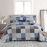 PANGUSHAN 100% Cotton Quilt Set Queen Size, Patchwork Plaid Queen Quilt Bedding Set Bedspreads, Farmhouse Lightweight Comforter Reversible Quilt, Blue/Brown Bed Spread for Queen Bed, 3 Pieces