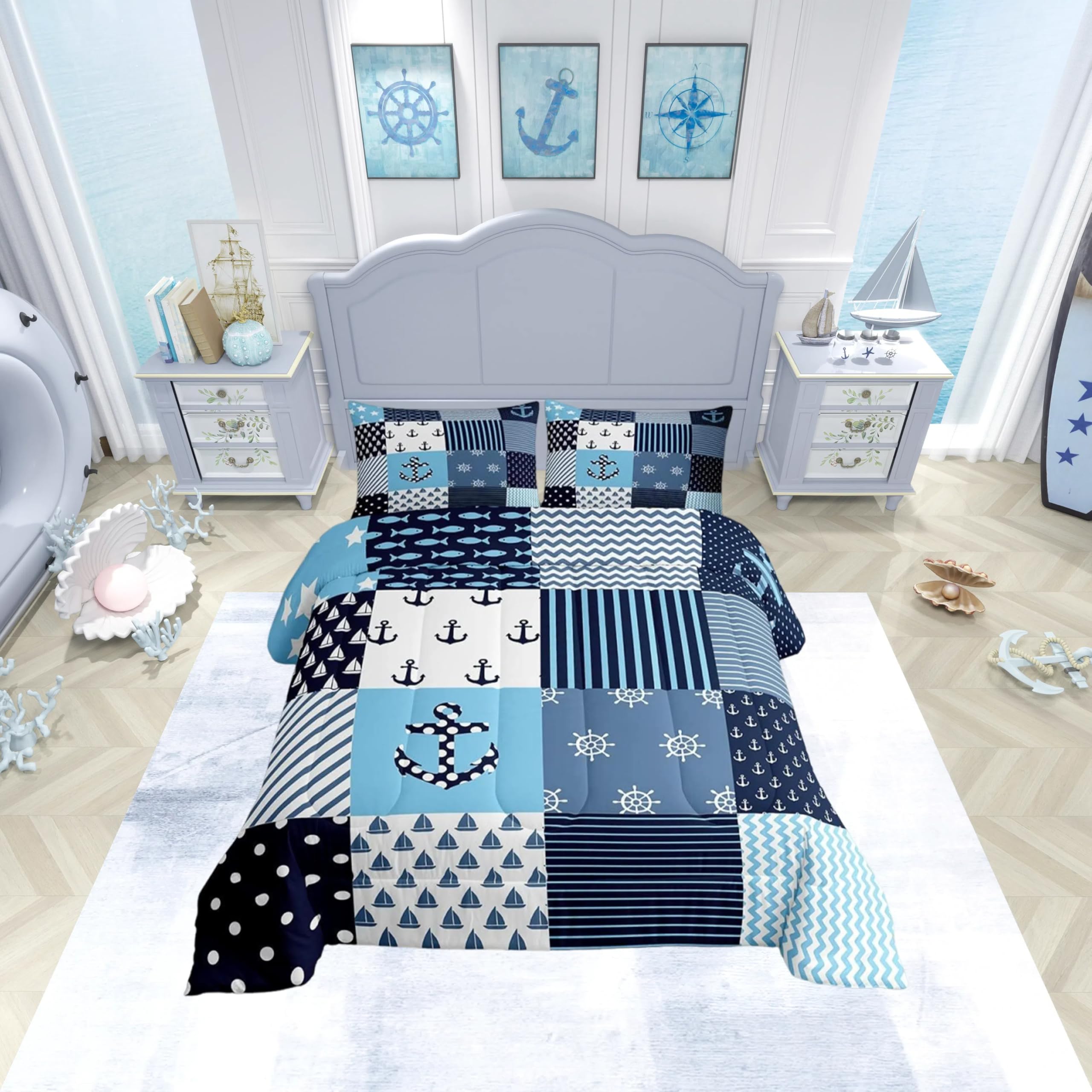 Loussiesd Nautical Duvet Insert navigation theme patchwork bedspread Double Size anchor compass sailing ship for kids boy child 2pcs