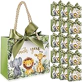 TaoBary 40 Pack 5.5''x 2.5''x4.7'' Small Jungle Safari Gift Bags with Handles Mini Paper Woodland Animal Thank You Gift Bag Bulk with Bow Ribbon for Baby Shower Boy Girl Birthday Party Supplies