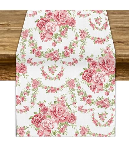 Camino De Mesa Floral Primavera-verano Seliem | Diseño Acuarela Con Rosas Y Mariposas | 100% Poliéster 13x72 Pulgadas