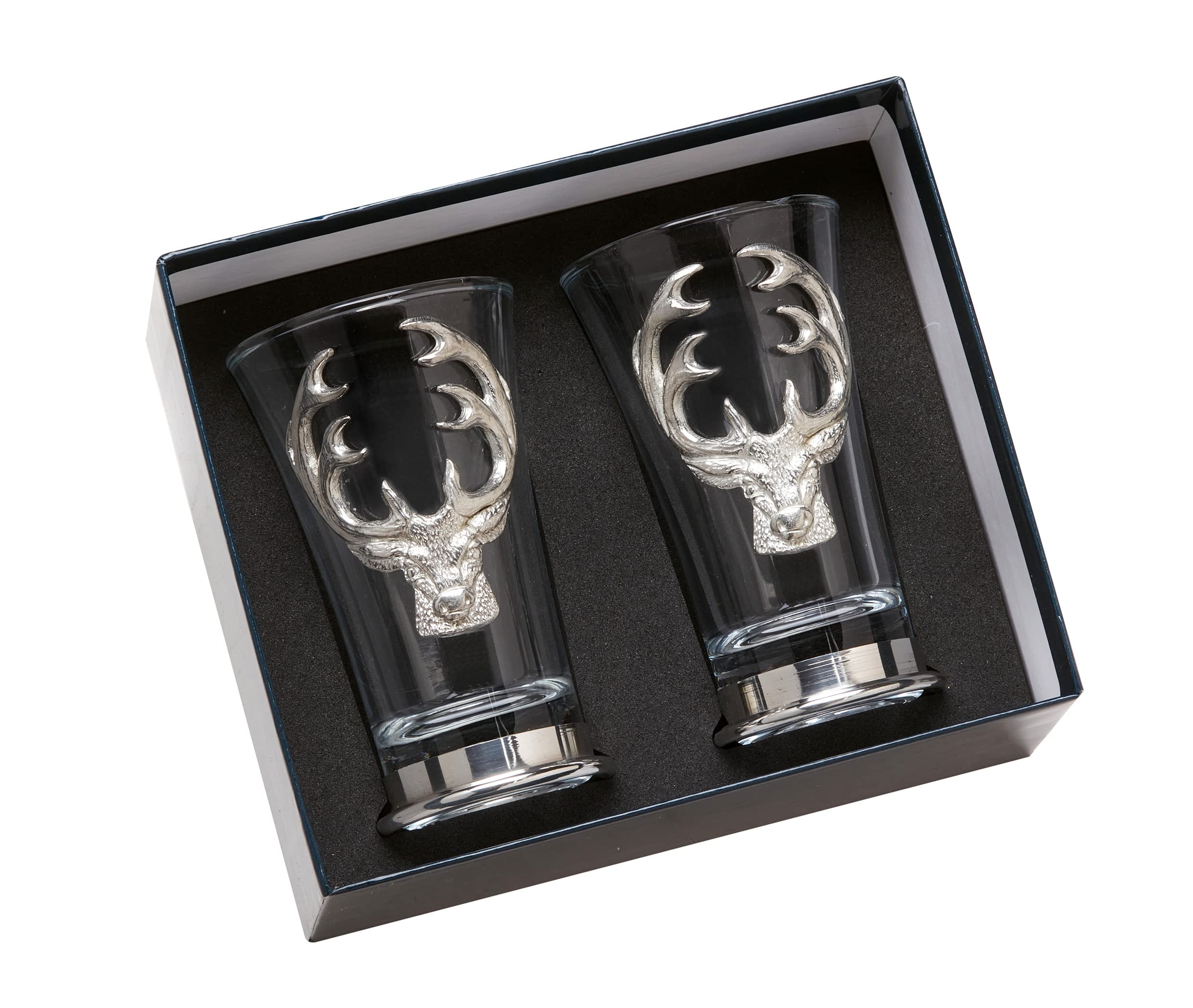 Pair of Lead Free pewterware Mounted stag's Head or Pheasant Shot Whisky Glasses in a Presentation Box (Stag's Head)