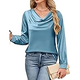 Blooming Jelly Womens Satin Blouse Cowl Neck Draped Silky Long Sleeve Dressy Tops Fall Trendy Fashion Business Casual Outfit