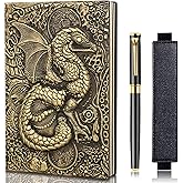 FEIDIAO Flying Dragon Embossed Leather Notebook with Black Ballpoint Pen and Pen Sleeve, A5 Travel Journal/Personal Diary, Hardcover Notebook, DND Journal Gift for Player (Bronze Flying Dragon)