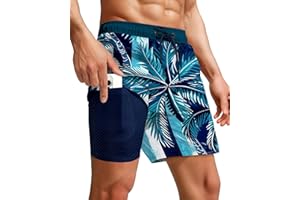 Yufawow 7 Inch 7in Men Swim Trunks Compression Liner Quick Dry Drawstring Male Swimwear Swimsuit Palm Tree Swimtrunks