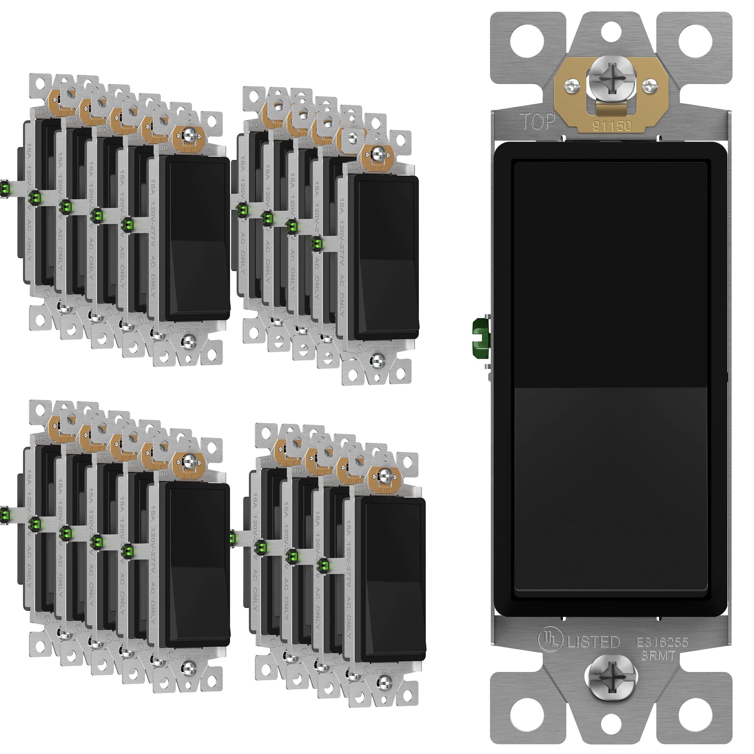 Photo 1 of **USED**ENERLITES Matte Black Light Switch, Decorator Paddle Rocker Wall Switch, Single Pole, 3 Wire, Grounding Screw, Residential Grade, 15A 120V/277V, UL Listed, 91150-MBK20P (20 Pack)