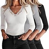 Oakgarden 3 Pack Women's 3/4 Sleeve Lace Tops V Neck Cotton Ribbed Sexy Shirts Slim Fit Going Out Top Y2k Casual T-Shirts