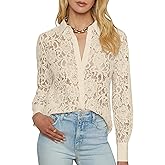 AIMCOO Lace Tops for Women Sheer Long Sleeve Blouses Dressy Casual Button Down Shirts Boho Floral Tops