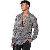 WDIRARA Men's Sheer Mesh See Through Glitter Button Front Long Sleeve Shirt Tops