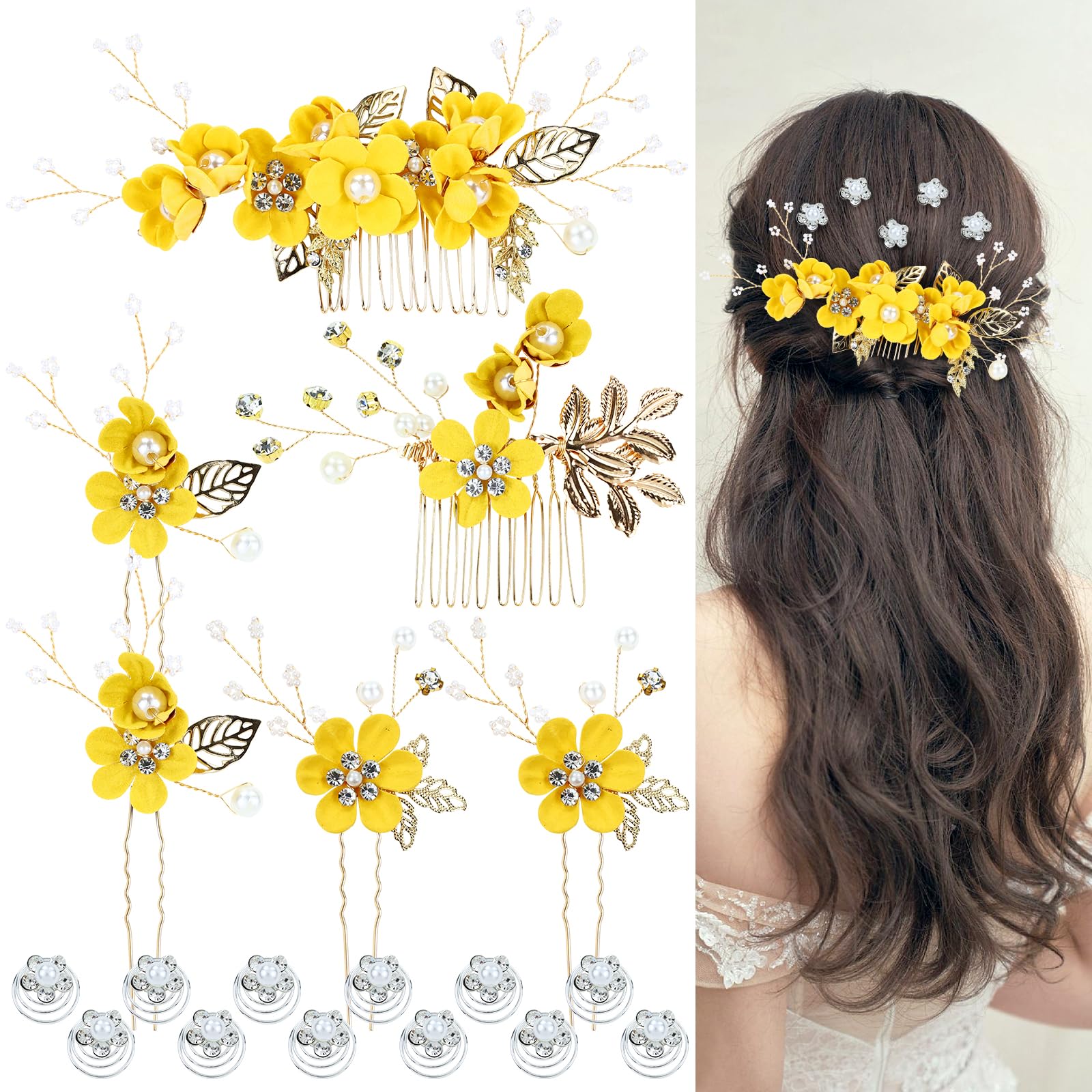 Cinaci 18 Pieces Bridal Wedding Party Prom Pearl Rhinestone Yellow Flower Hair Side Combs Slides+U-shaped Flower Hair Pins+Twist Spiral Hairpins Floral Headpieces for Brides Bridesmaids Women Girls