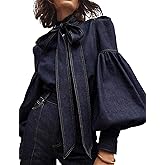 oshoplive Womens Denim Blouse Pullover Bow Embellished Long Puff Sleeve Jean