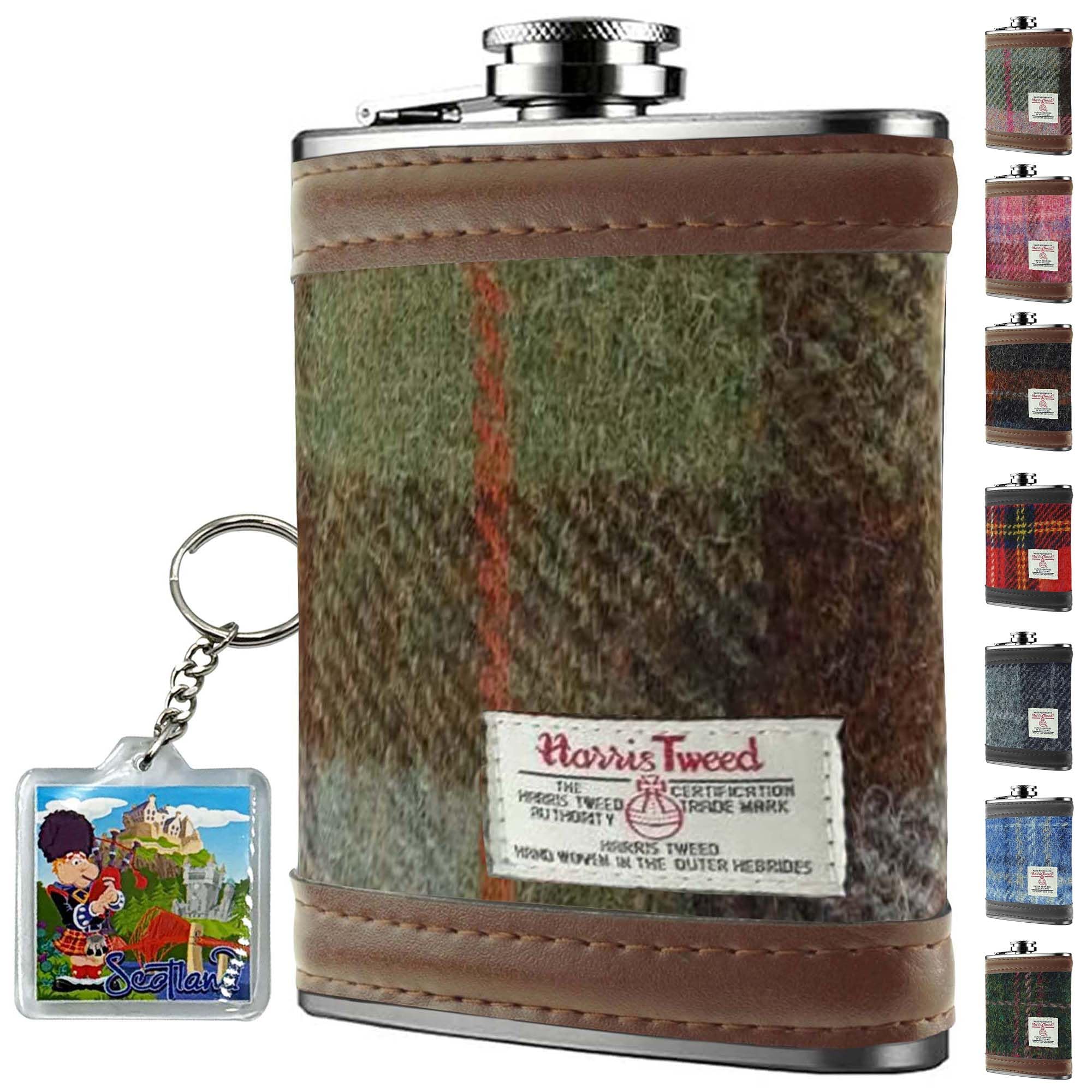 Harris Tweed 6oz Stainless Steel Hip Flask Gift Set – MacLeod Tartan - Dark Green and Plum Check Gift Set for Men – for Whiskey Rum Grooms Best Usher Wedding Camping – HF2100