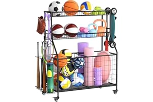 WUC Sports Equipment Garage Organizer - Heavy Duty Garage Organization Ball Storage Rack with Basket, Hooks and Rolling Cart for Sports Gear and Toy Storage, Indoor/Outdoor Use, Black