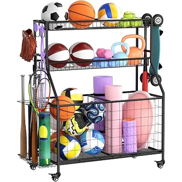 Yelei Organizador De Equipos Deportivos, Almacenamiento De Balones, Con Cesta Y Dos Ganchos Para Colgar, Organizador De Garaje Y Almacenamiento Para Equipo Deportivo
