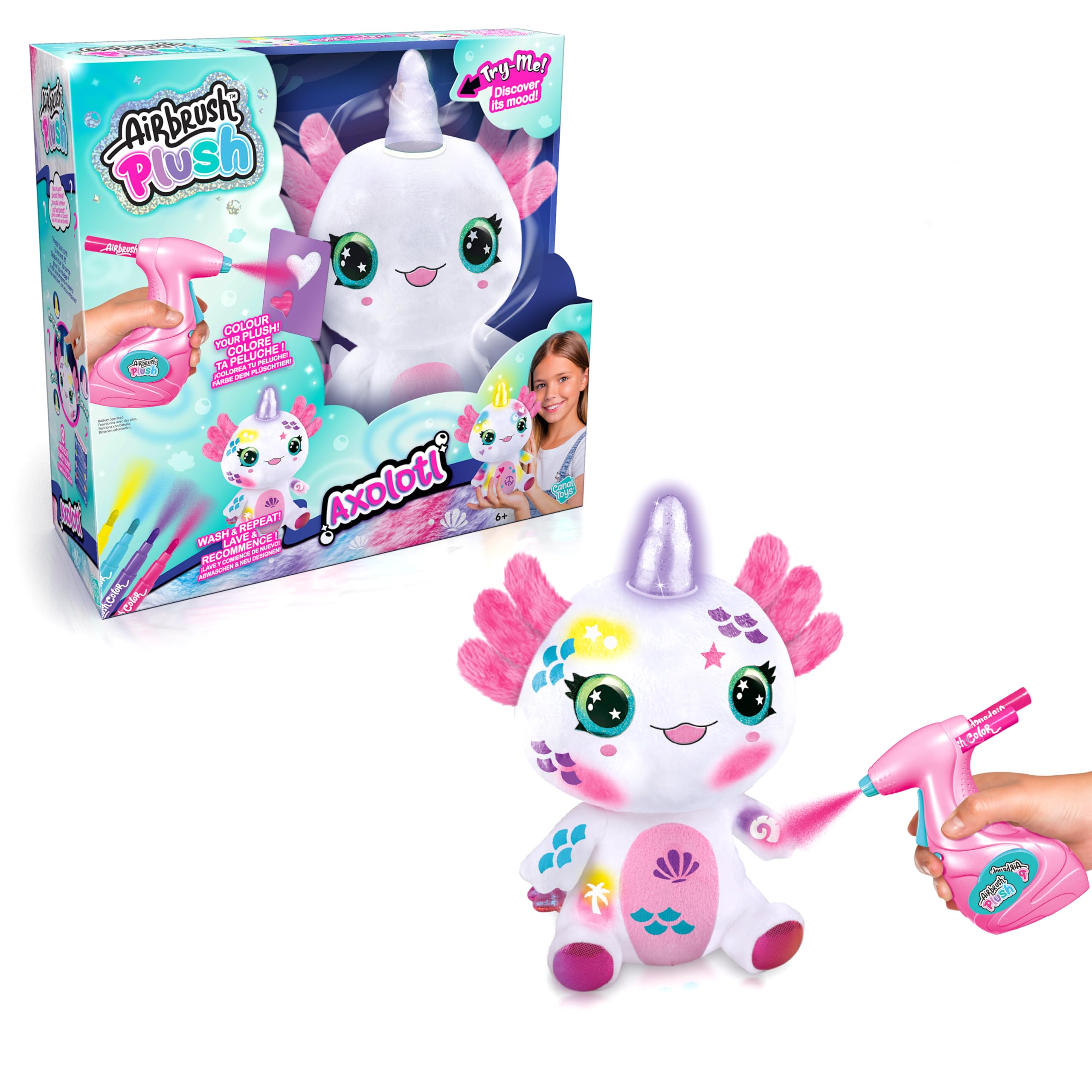 Airbrush Plush Light-Up Axolotl, Decorate Your own Plush, wash Off & Repeat! Light up Magic Horn, Lights up to Show the Axolotl's Feelings, Jam Packed, Fun Filled Gift for Ages 6+