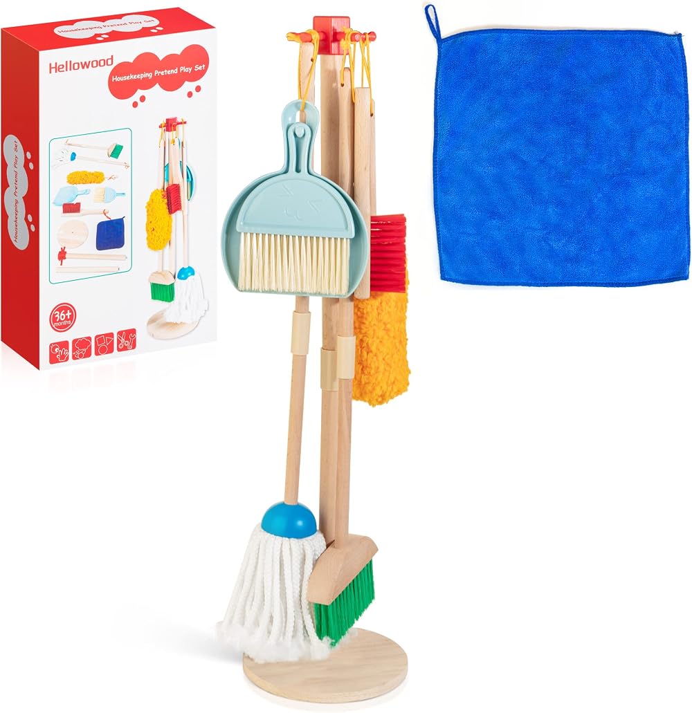 HELLOWOOD 8-Piece Wooden Cleaning Set for Kids Beech Wood Pretend Play