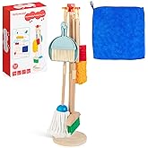 HELLOWOOD Kids Cleaning Set, 8 Pcs Wooden Housekeeping Play Set Includes Broom Mop Duster Dustpan Brushes Rag and Organizing 