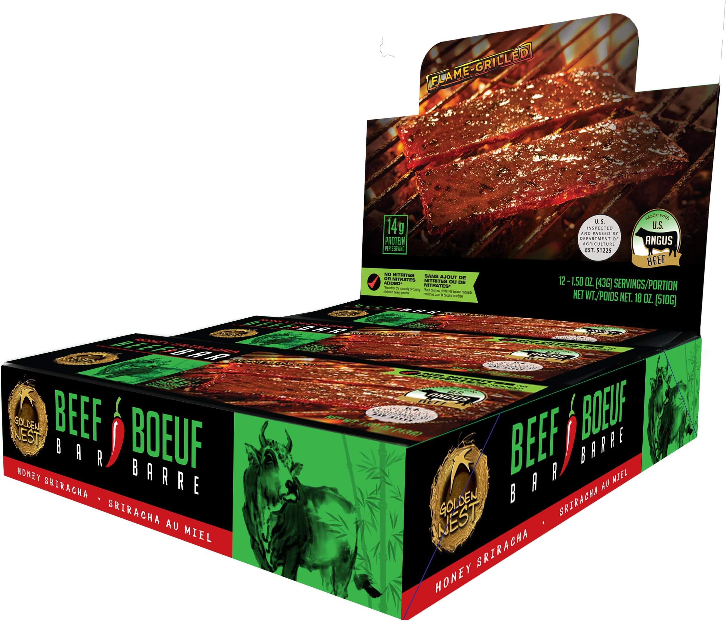 Golden Nest Beef Jerky Bar, Gluten Free, Healthy Meat From Gourmet USA, Non-GMO Honey Glazed (1.5 oz.) - Pack of 12 (Honey Sriracha)
