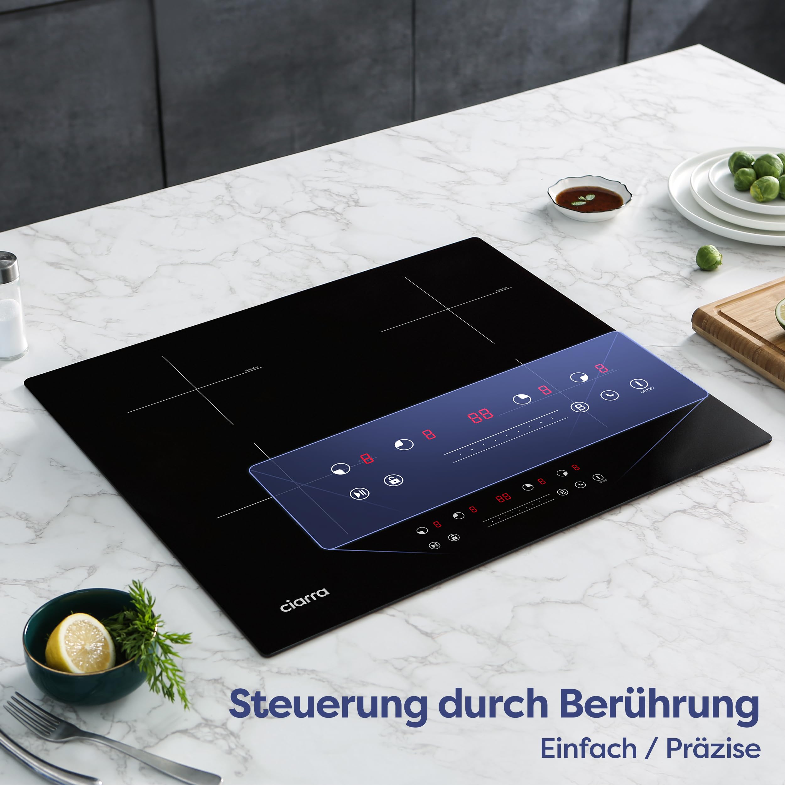 CIARRA CBBIH4B 4 Zonen Einbau Induktionskochfeld 60 cm mit Power Booster Touch-Bedienung Kochfeld Induktion 9 Leistungsstufen Timer Kindersicherung Restwärmeanzeige Pause- und reStart-Funktion 7200W 3