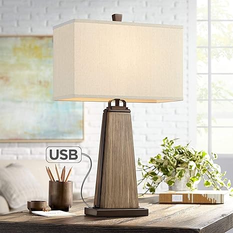 Jeri Rustic Farmhouse Table Lamp With Usb Charging Port Two Tone Brown Faux Wood Rectangular Fabric Shade For Living Room Bedroom Bedside Nightstand Office Family Franklin Iron Works Amazon Com